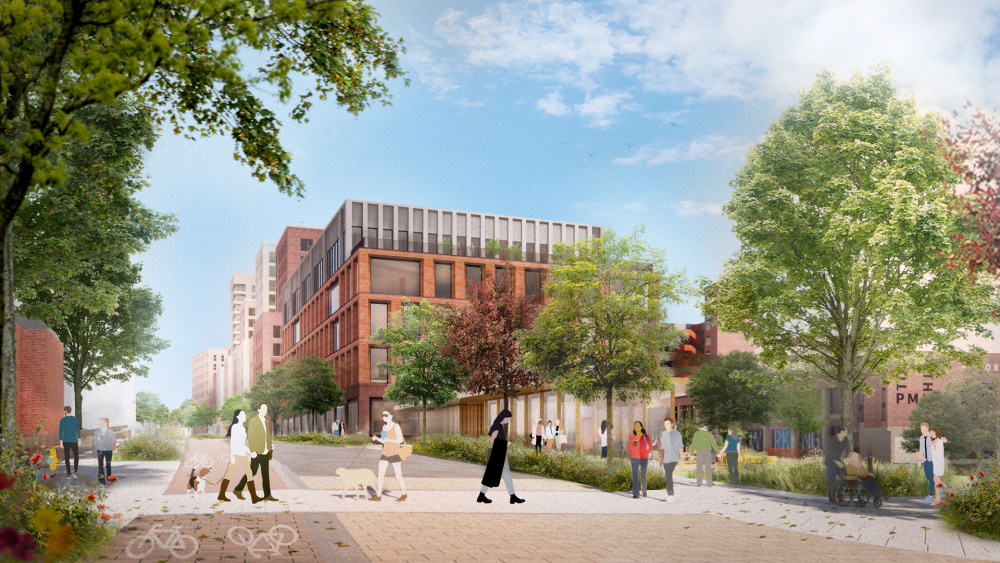 This image: illustrative image of how Greyfriars could look, looking east along Lady's Lane over West Island,
						with new public realm and pedestrian friendly spaces. The map shows a bird's eye view of the proposals for Greyfriars,
						with each of the plots labelled, and a dashed line indicating the detailed proposal area for plot 1, and a solid line 
						indicating the outline proposal area for plots 2-6.